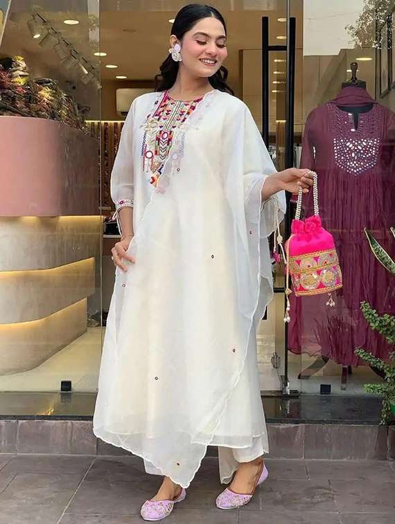 women self design cream kurta dupatta set - 22466323 -  Standard Image - 2