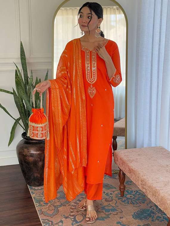 women solid with work three quarter sleeve kurta pant with dupatta set - 22466331 -  Standard Image - 2
