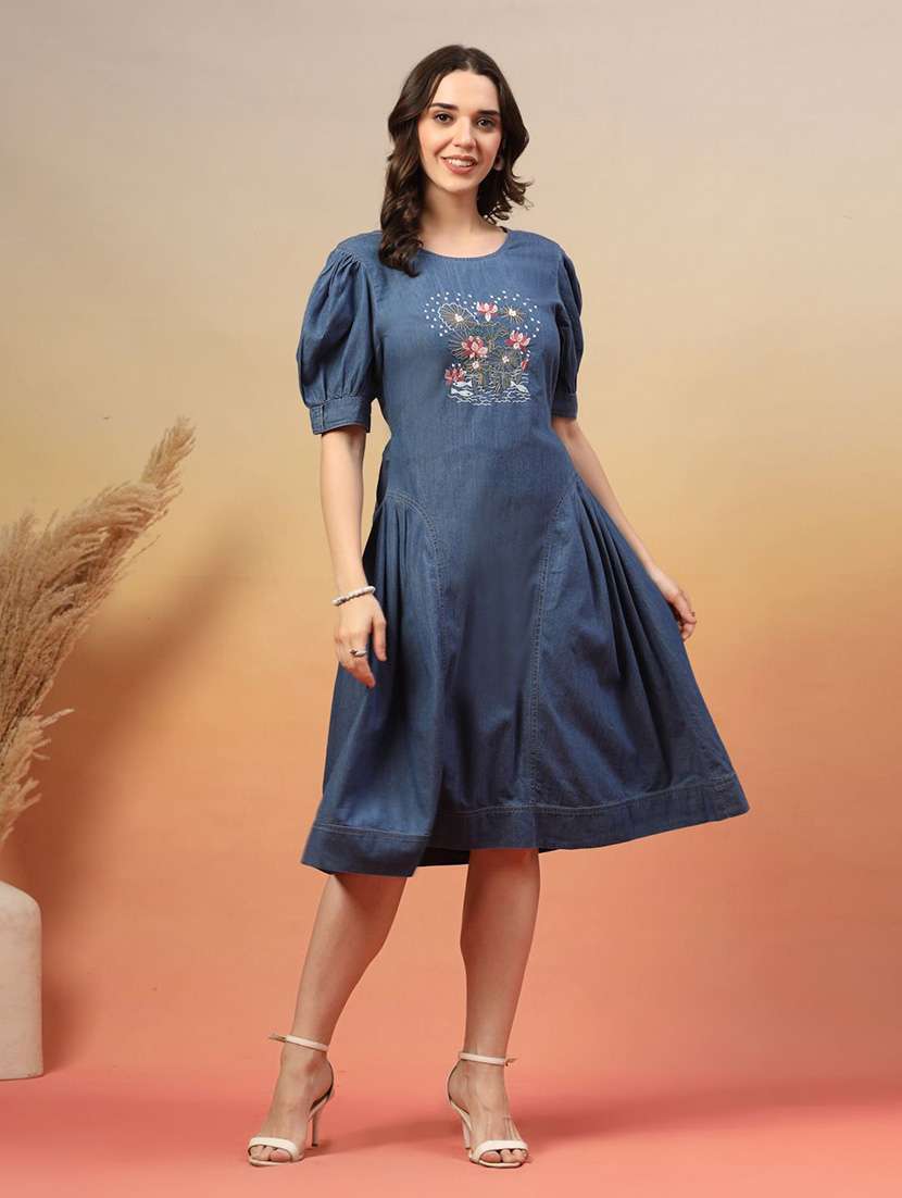 women blue denim fit & flare dress - 22466348 -  Standard Image - 2