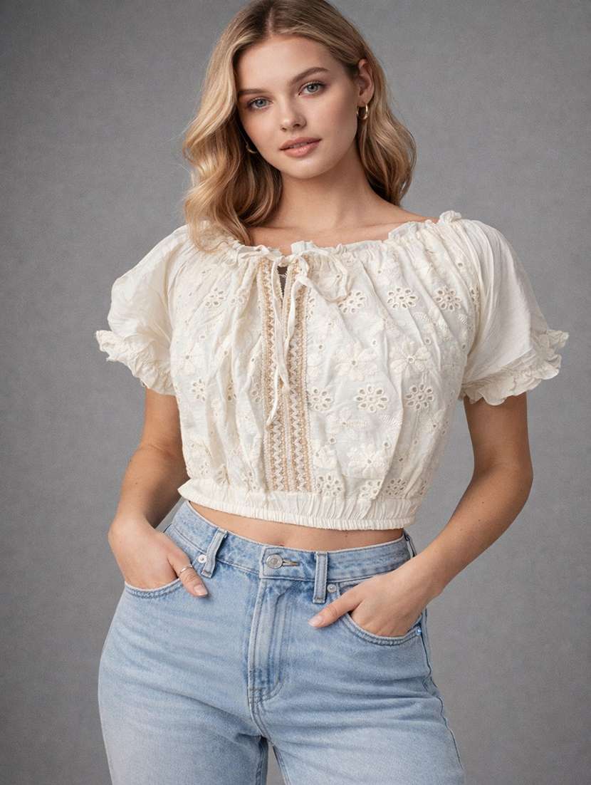 women solid off white cotton crop top