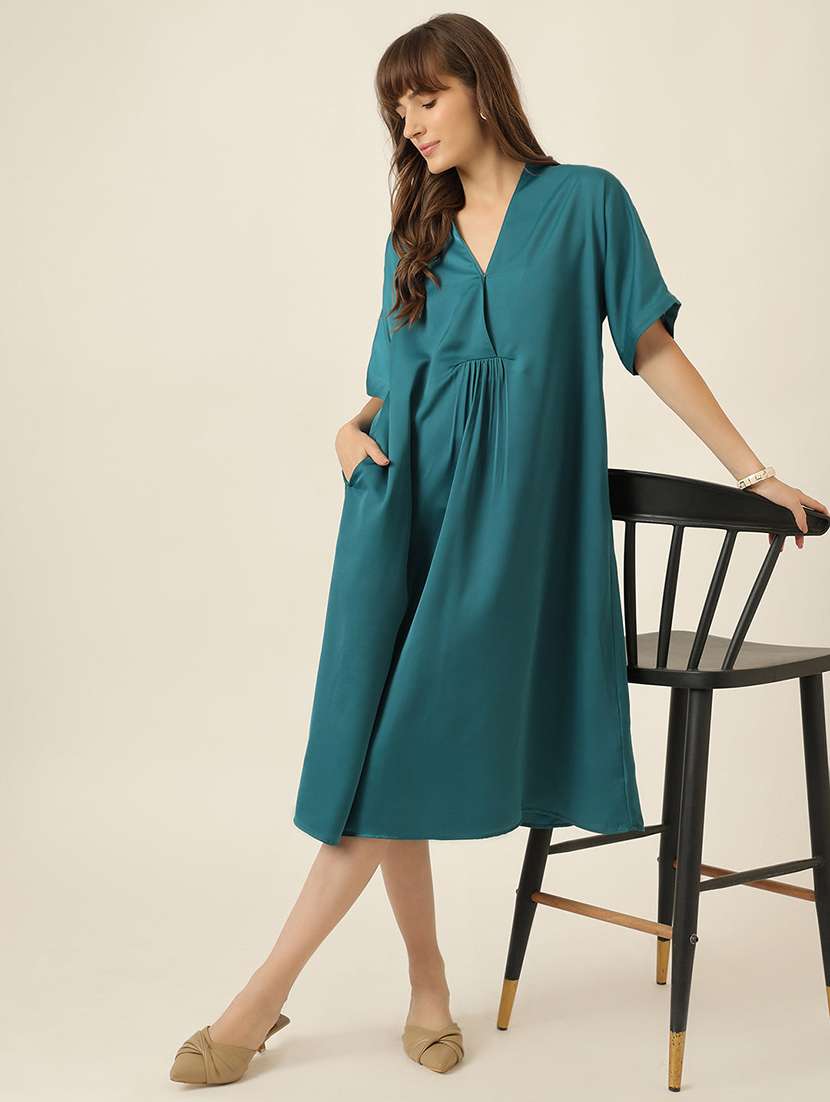women solid short sleeve a-line dress