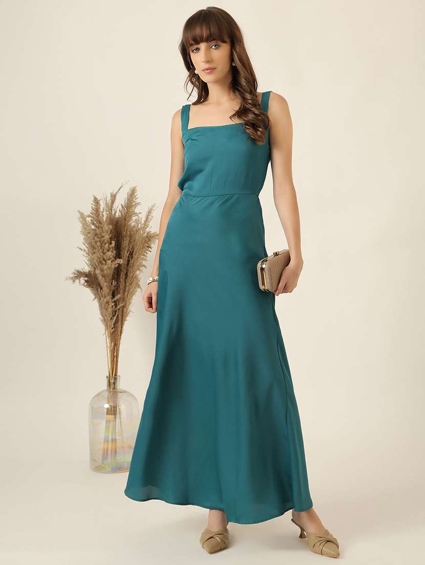 women solid shoulder strap a-line maxi dress