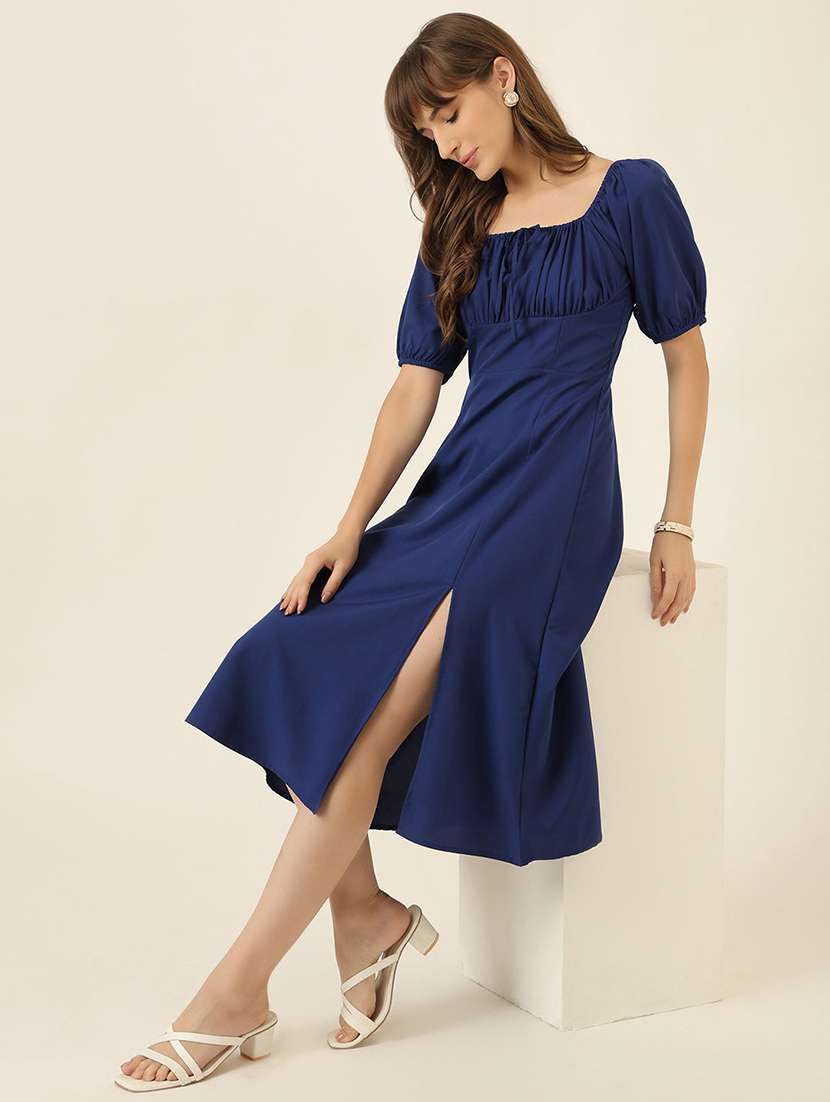 women solid puff sleeve a-line dress