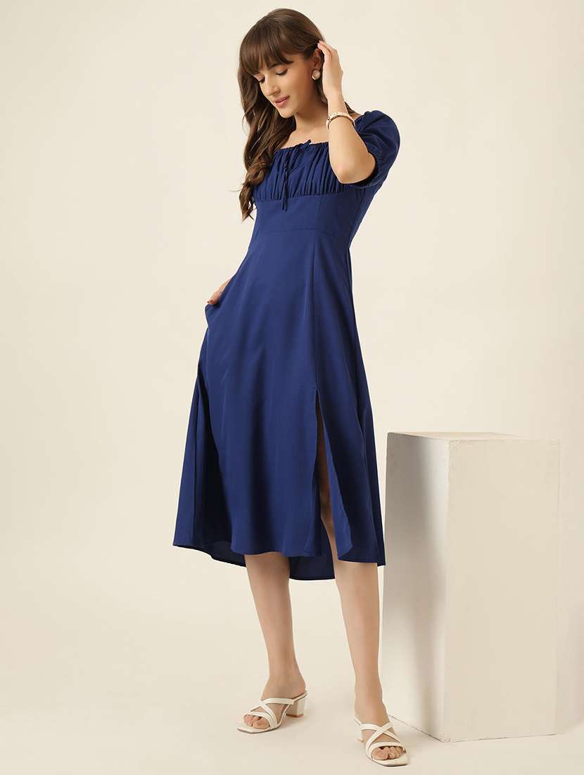 women solid puff sleeve a-line dress - 22467475 -  Standard Image - 2