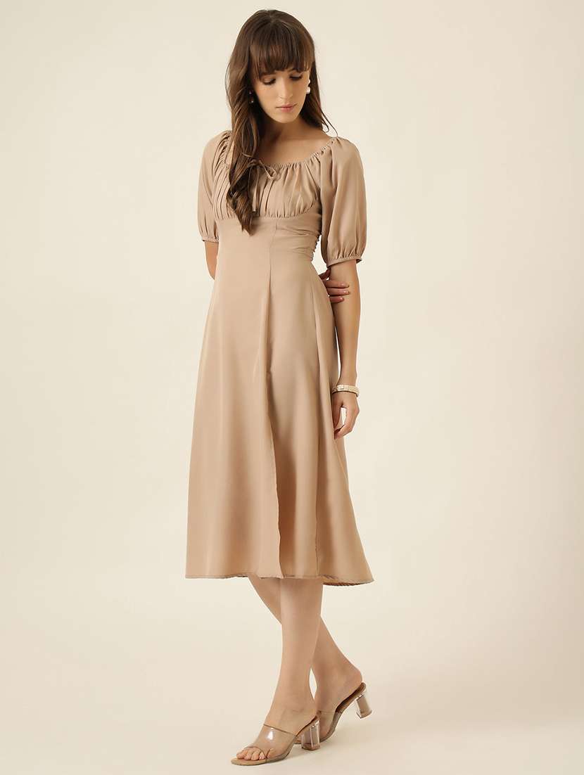 women solid puff sleeve a-line dress - 22467476 -  Standard Image - 2