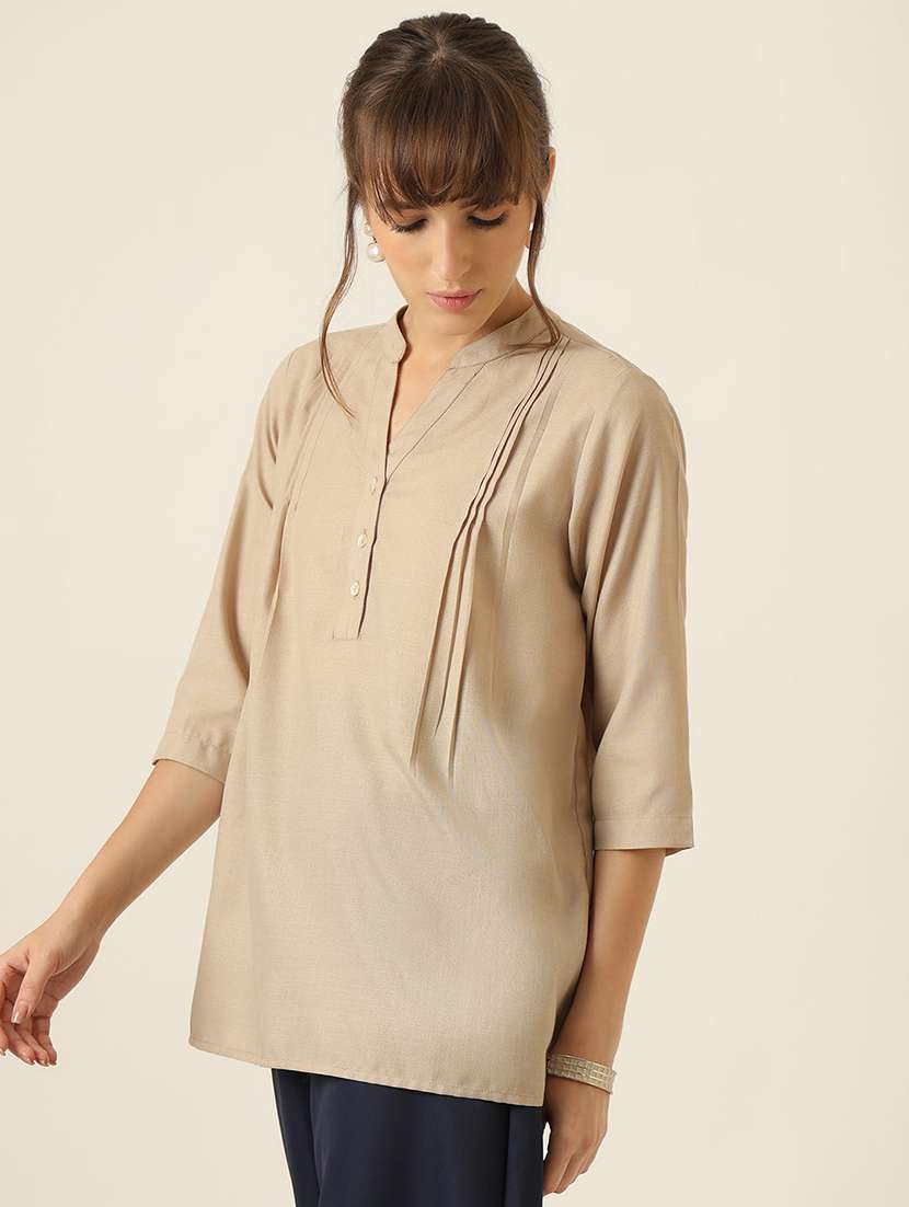 women solid three quarter sleeve a-line top - 22467491 -  Standard Image - 2
