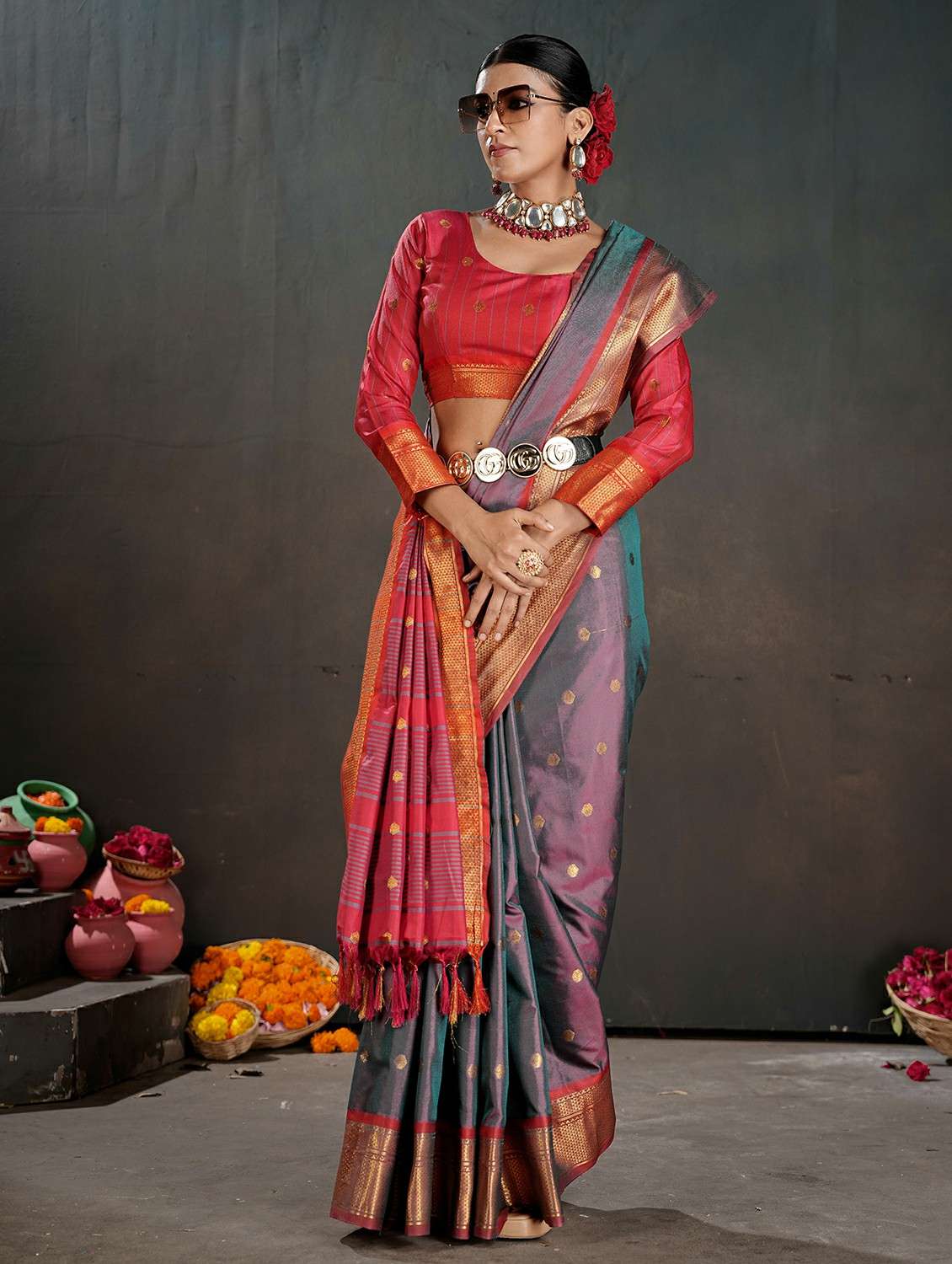 women embellished saree with blouse - 22467571 -  Standard Image - 2