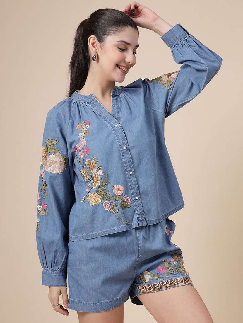 women blue cotton shirt & shorts co-ord set - 22467595 -  Standard Image - 2