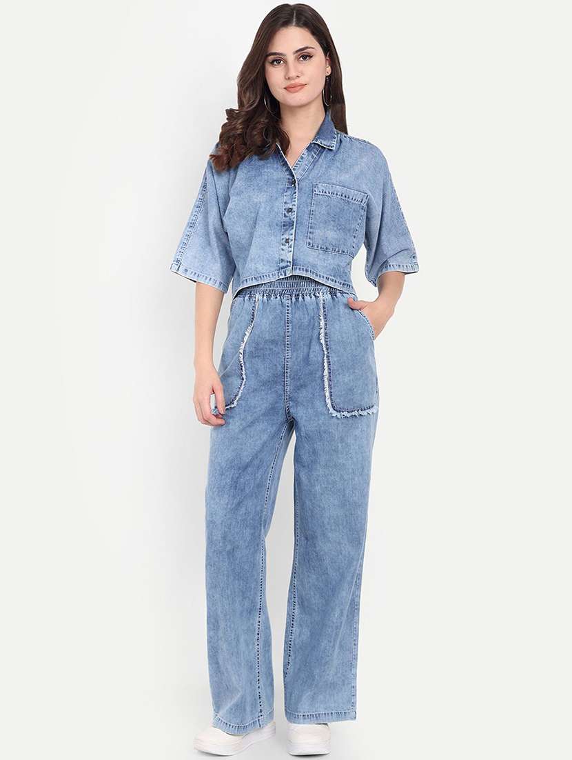 women blue cotton shirt and trouser set co-ord - 22467596 -  Standard Image - 2