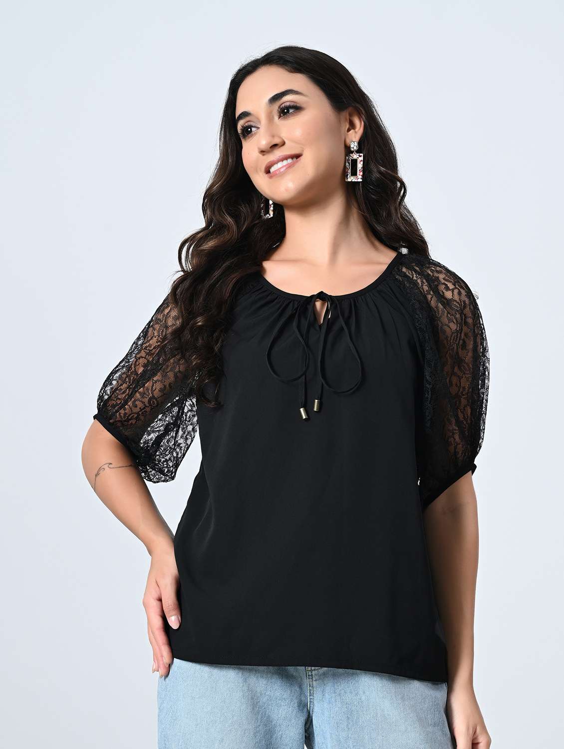 women solids black crepe regular top