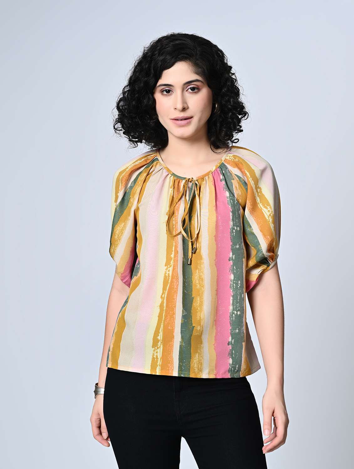 women stripes multi colored crepe regular top