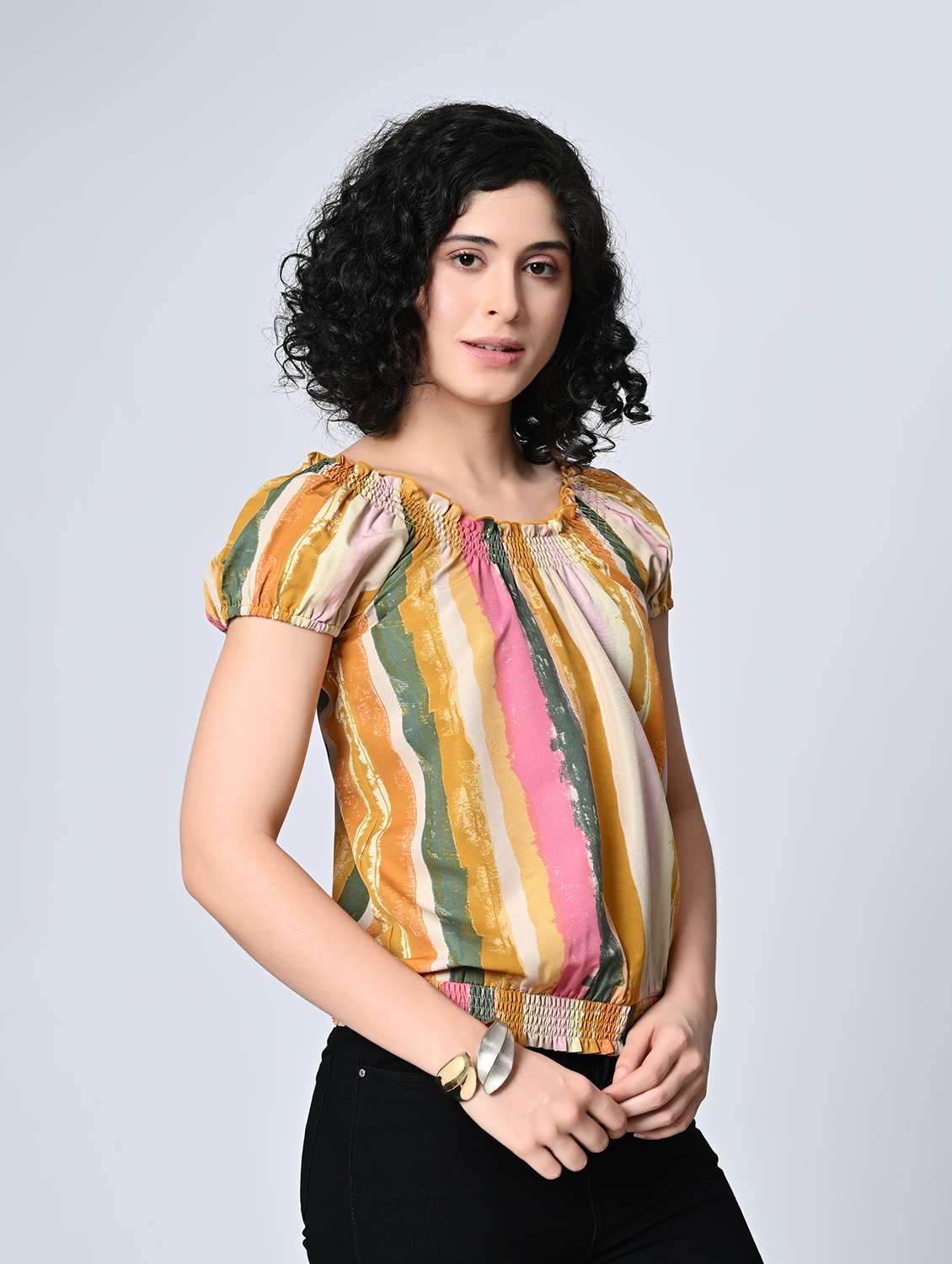 Women Stripes Multi Colored Crepe Regular Top - 22467614 -  Standard Image - 2