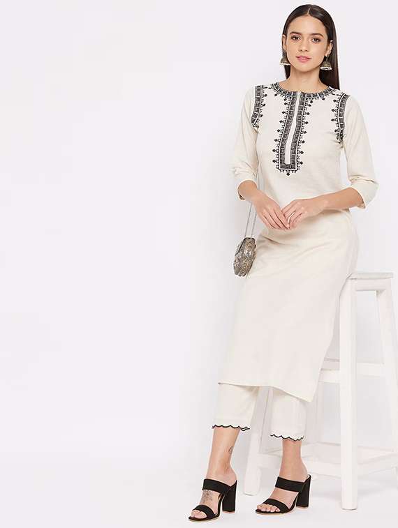 women off white cotton blend kurta pant set - 22467631 -  Standard Image - 2