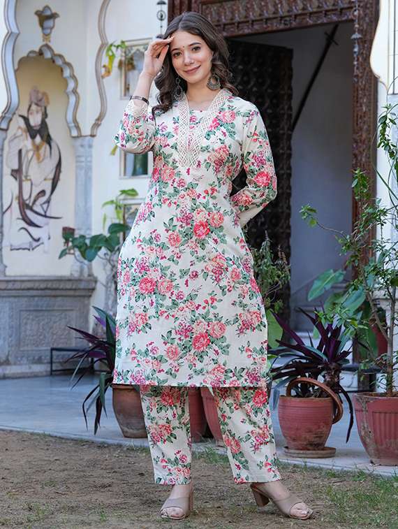 women printed beige cotton blend top and trouser set co-ord - 22467633 -  Standard Image - 2