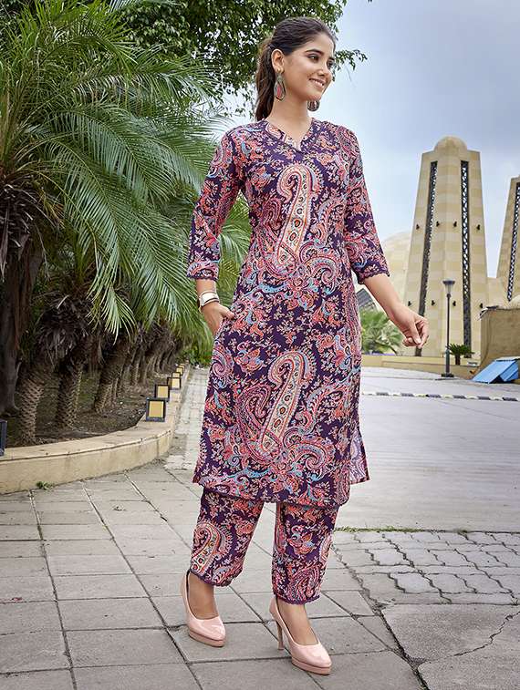 women printed purple cotton blend top and trouser set co-ord - 22467636 -  Standard Image - 2