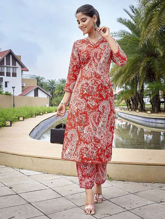 women printed red cotton blend top and trouser set co-ord - 22467637 -  Standard Image - 2