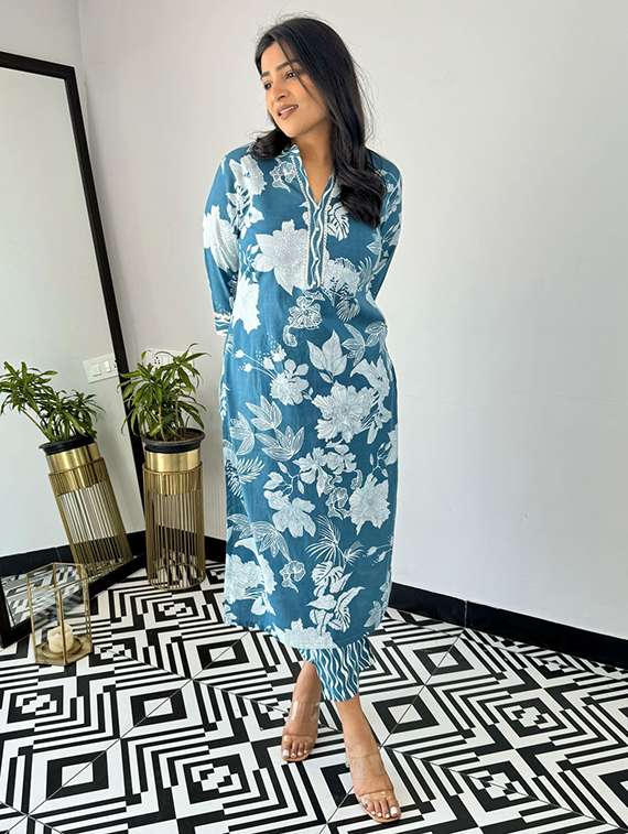 women printed blue cotton blend top and trouser set co-ord - 22467643 -  Standard Image - 2