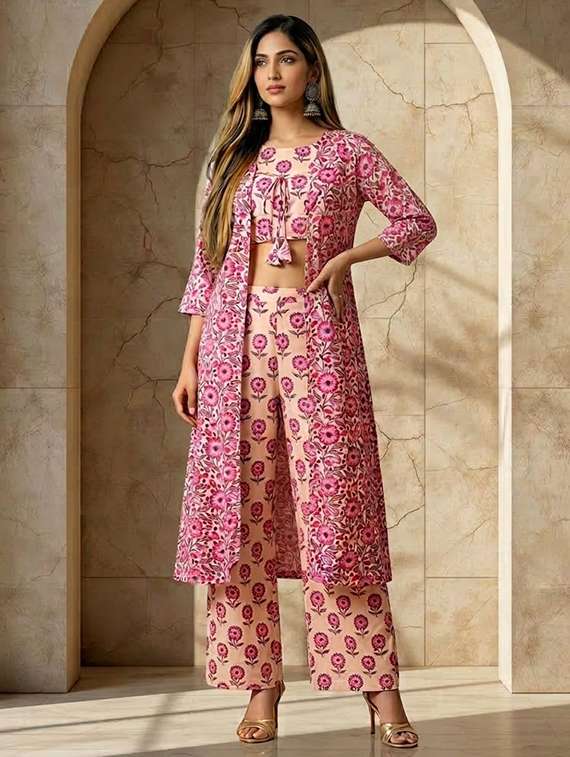 women printed pink cotton blend top and trouser set co-ord - 22467644 -  Standard Image - 2