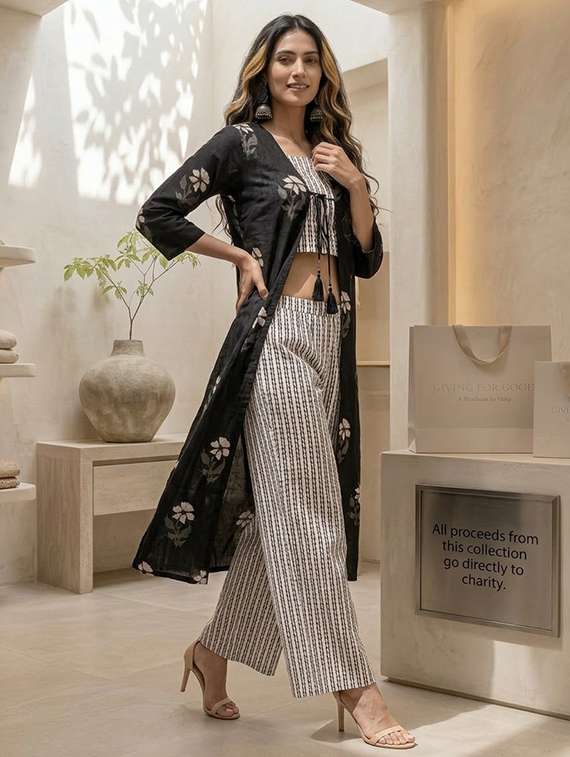 women printed black cotton blend top and trouser set co-ord - 22467645 -  Standard Image - 2
