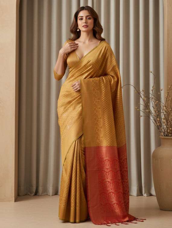 women gold banarasi saree with blouse