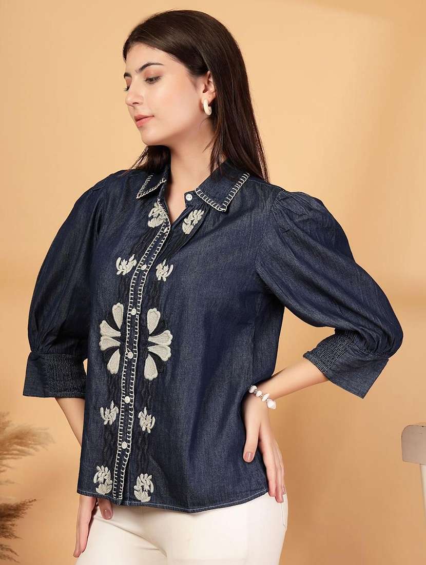 wowmen embroidered collared puff sleeve denim shirt - 22467687 -  Standard Image - 2