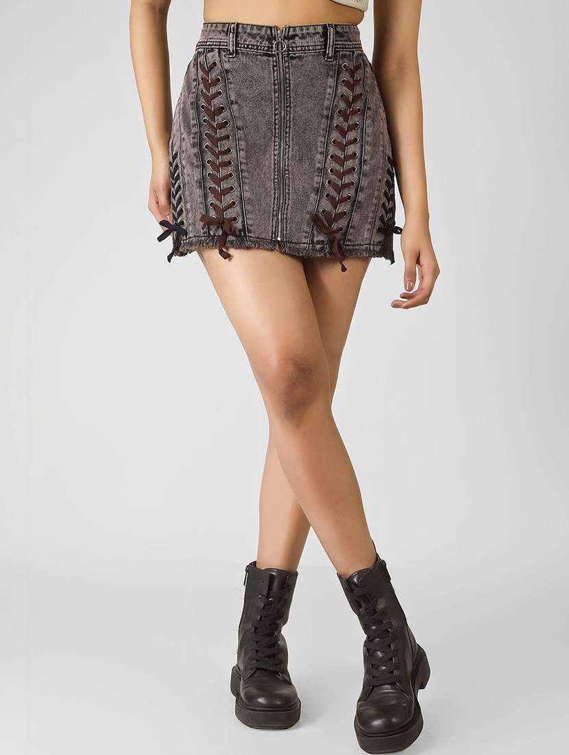 women bronze denim a-line skirt