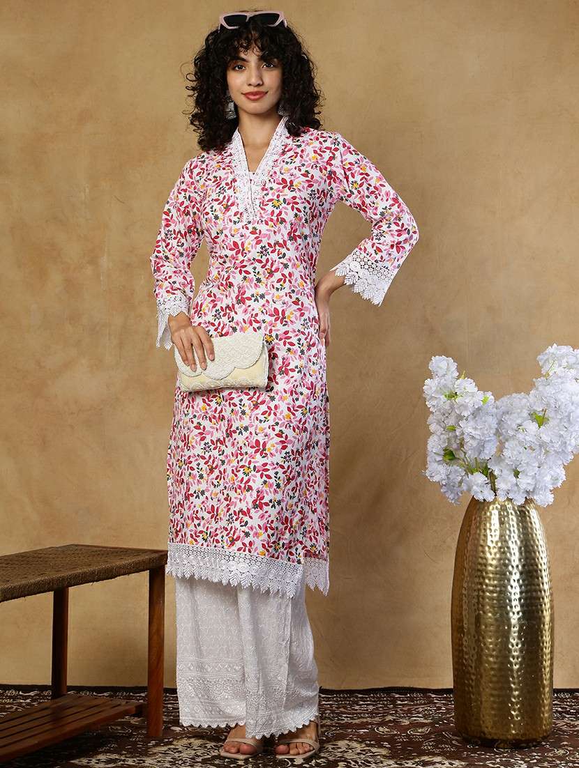 women pink cotton straight kurta