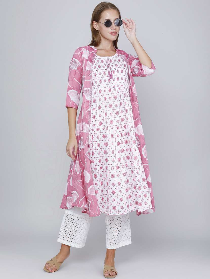 women printed three quarter sleeves kurta with jacket