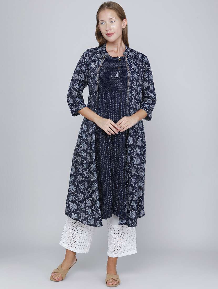 women printed three quarter sleeves kurta with jacket - 22468209 -  Standard Image - 2