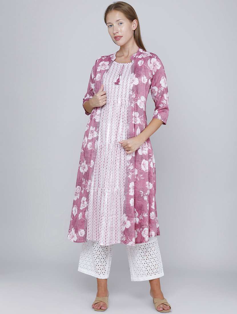 Women Printed Three Quarter Sleeves Kurta With Jacket - 22468213 -  Standard Image - 2