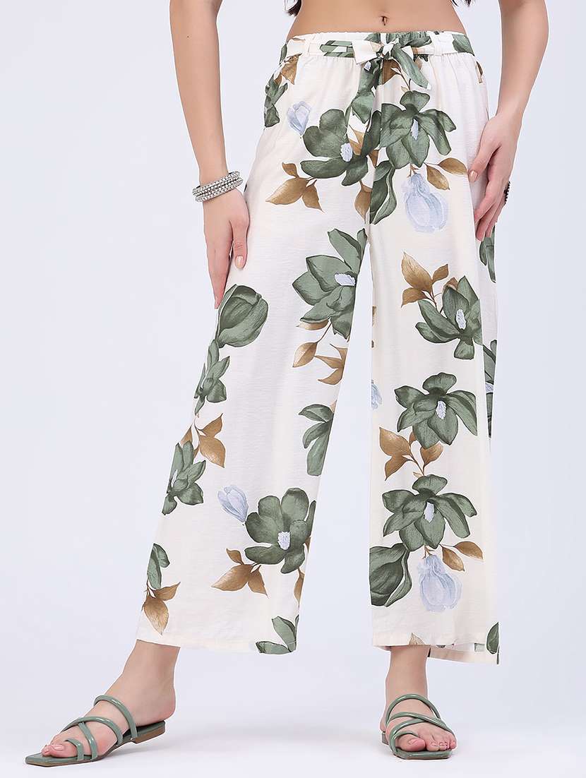 women printed mid rise wide leg trouser