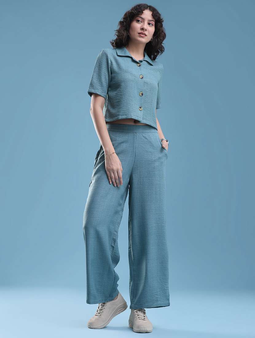 Women Solid Short Sleeves Shirt And Trouser Co-ord Set - 22468470 -  Standard Image - 2