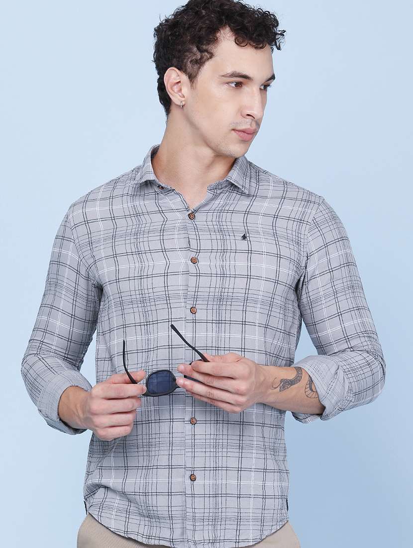 men checkered long sleeve slim fit casual shirt