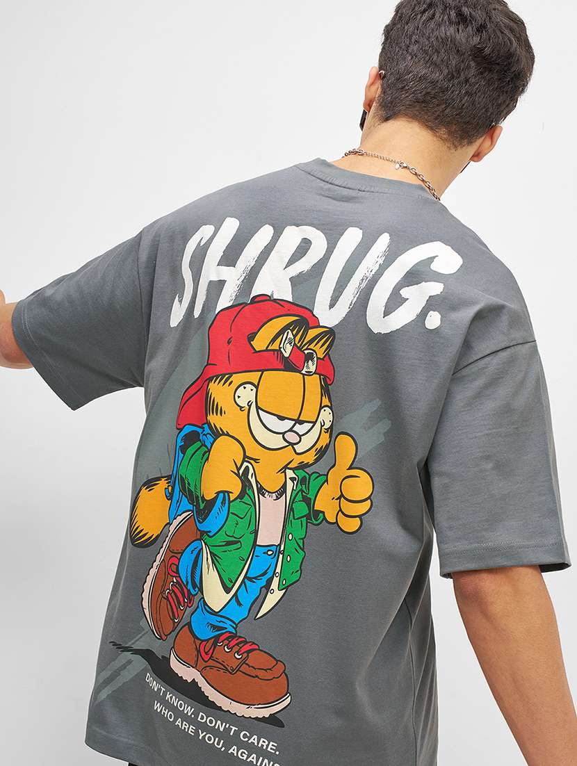 men oversized grey garfield print cotton t-shirt