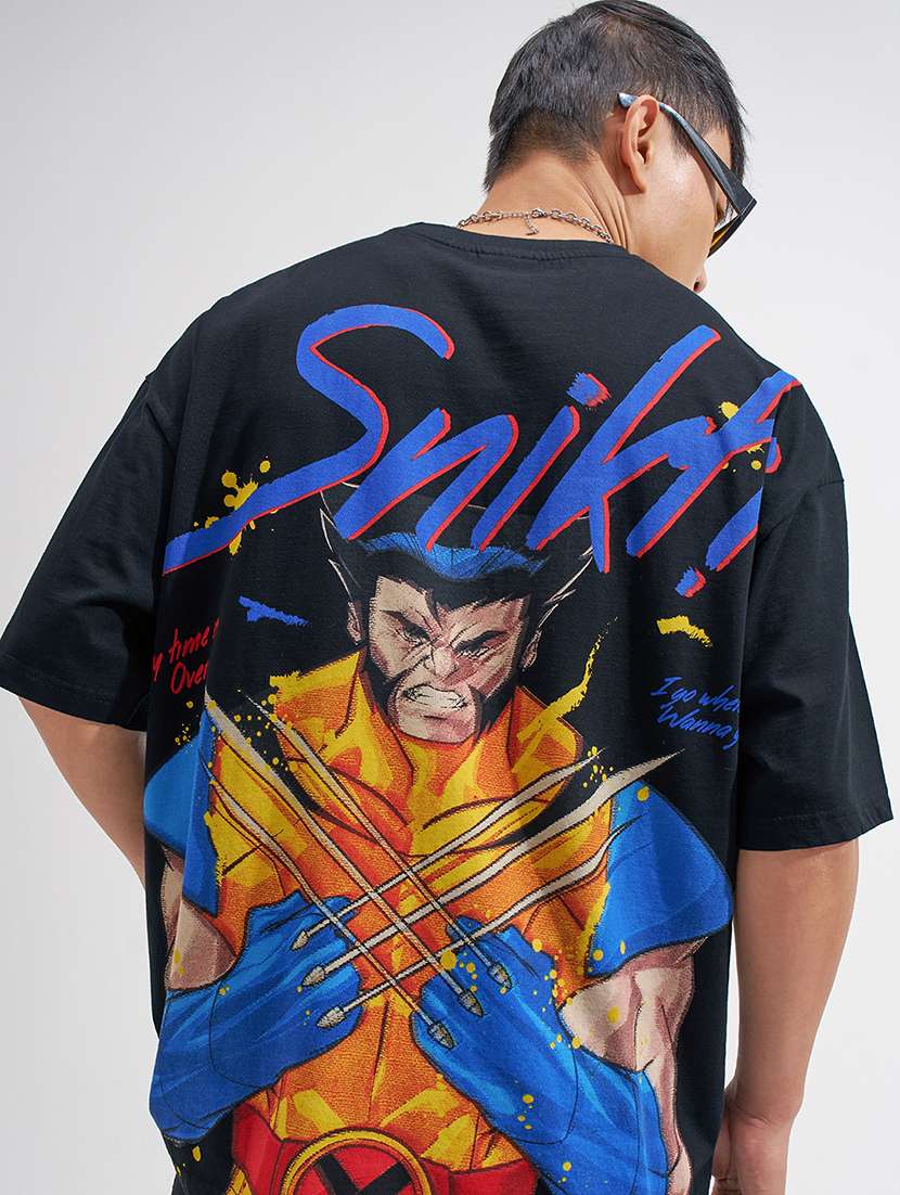 men black graphic print cotton t-shirt with round neck