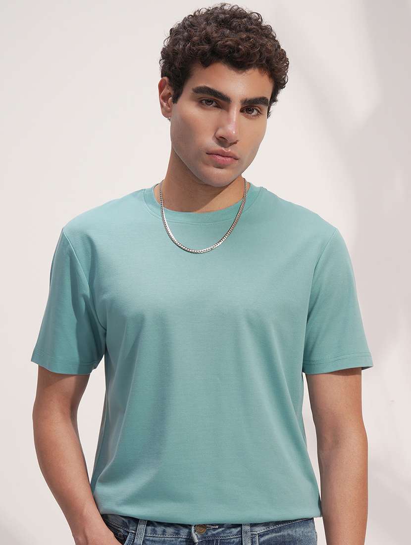 men blue cotton blend plain t-shirt