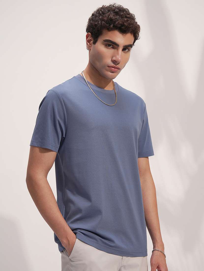 men casual blue cotton blend solid t-shirt - 22469333 -  Standard Image - 2