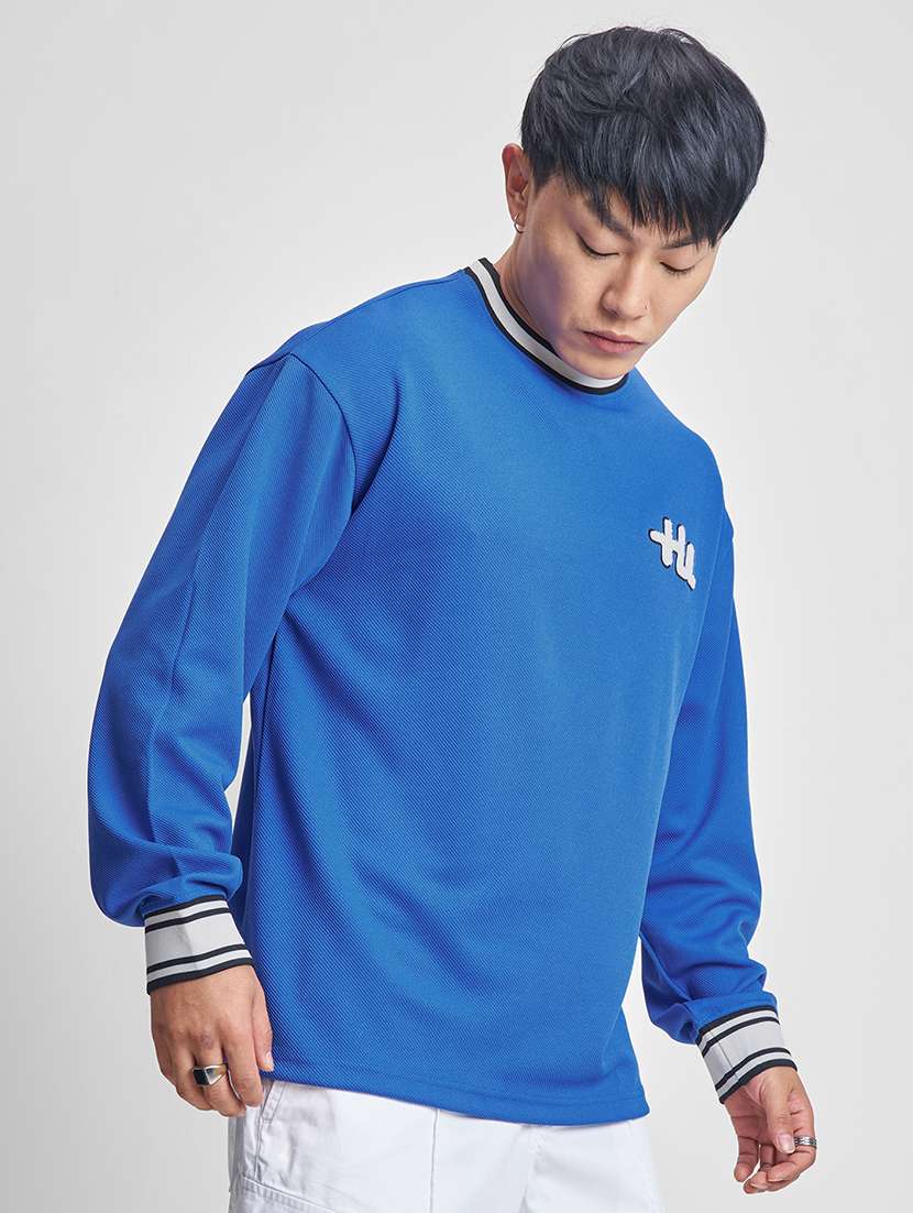 men blue polyester textured long sleeves t-shirt - 22469390 -  Standard Image - 2