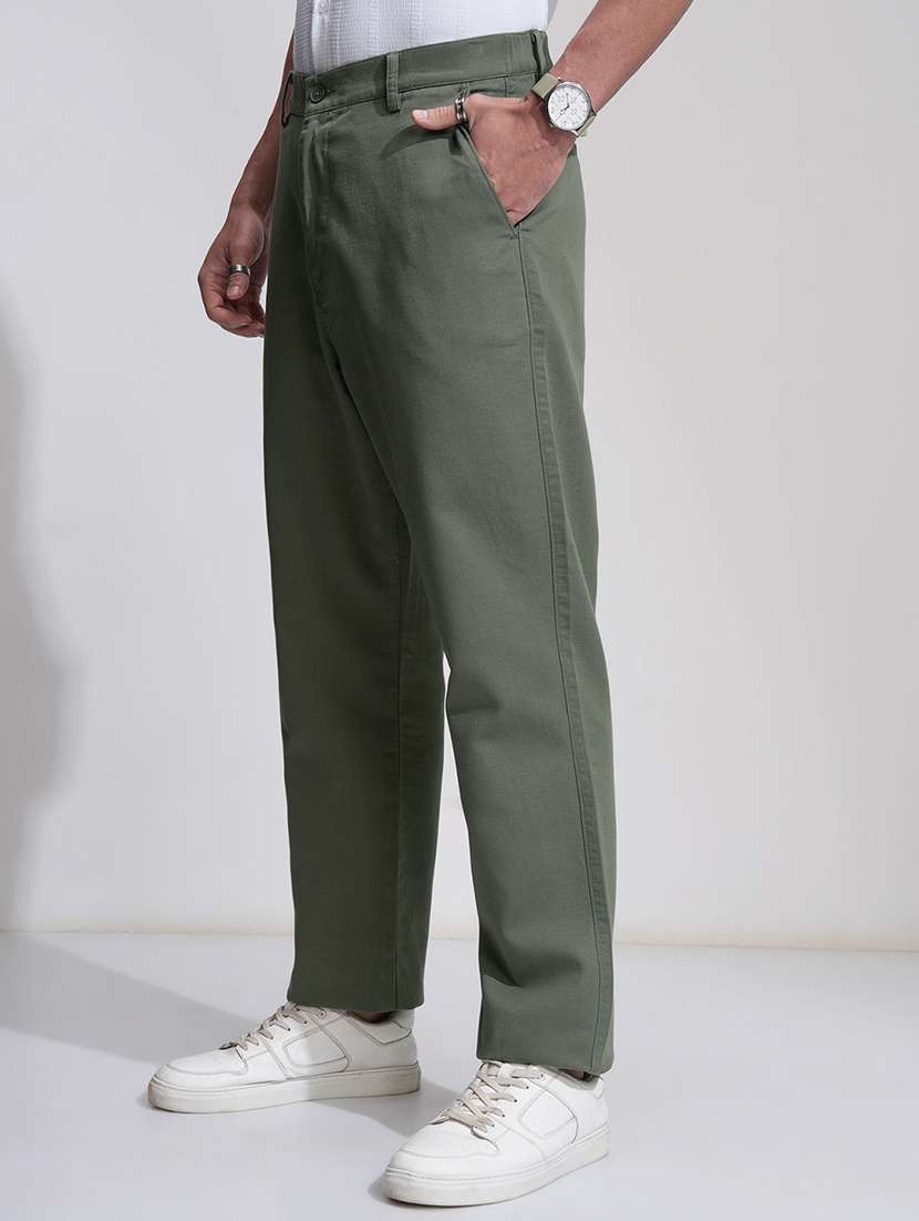 men olive cotton regular fit casual trousers - 22469463 -  Standard Image - 2