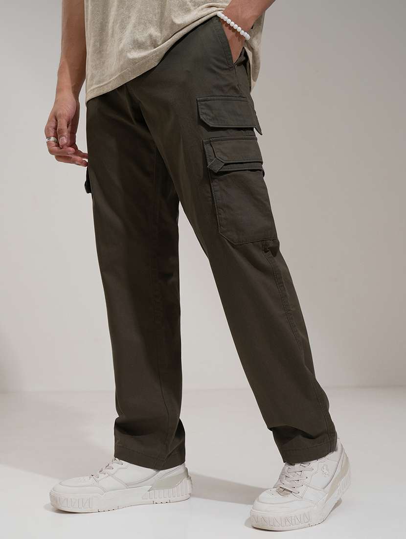 men olive cotton regular fit cargo trousers - 22469470 -  Standard Image - 2