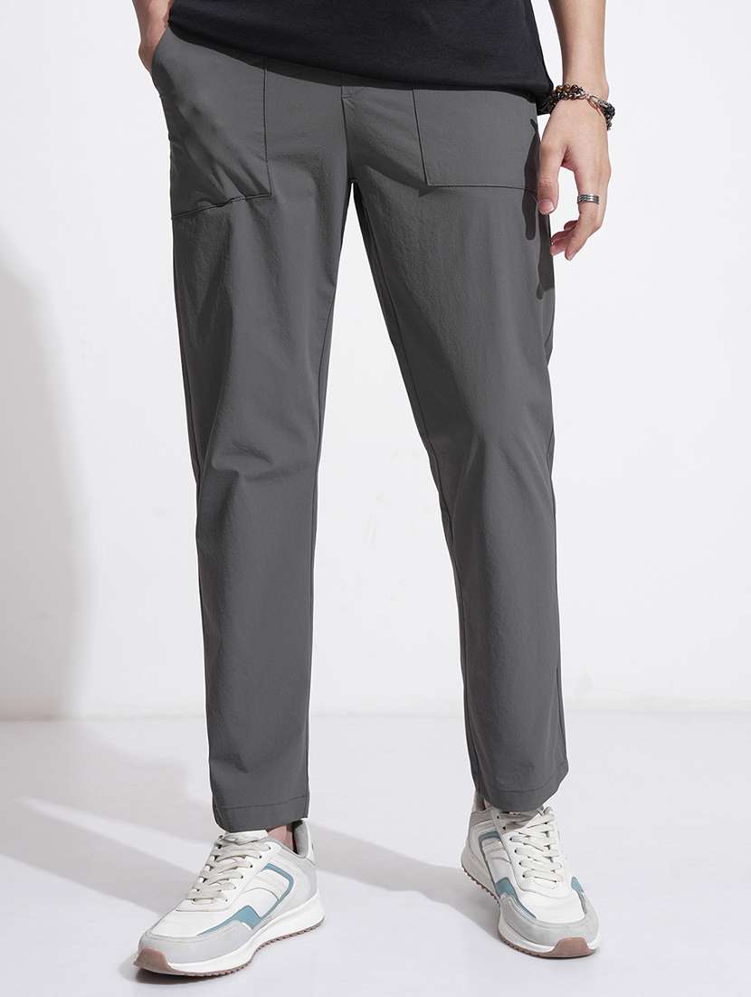 men grey nylon pleated casual trouser