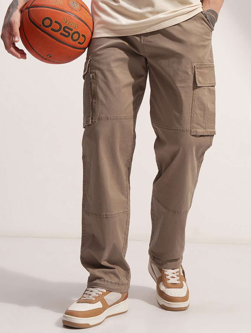 men brown cotton pleated casual trouser