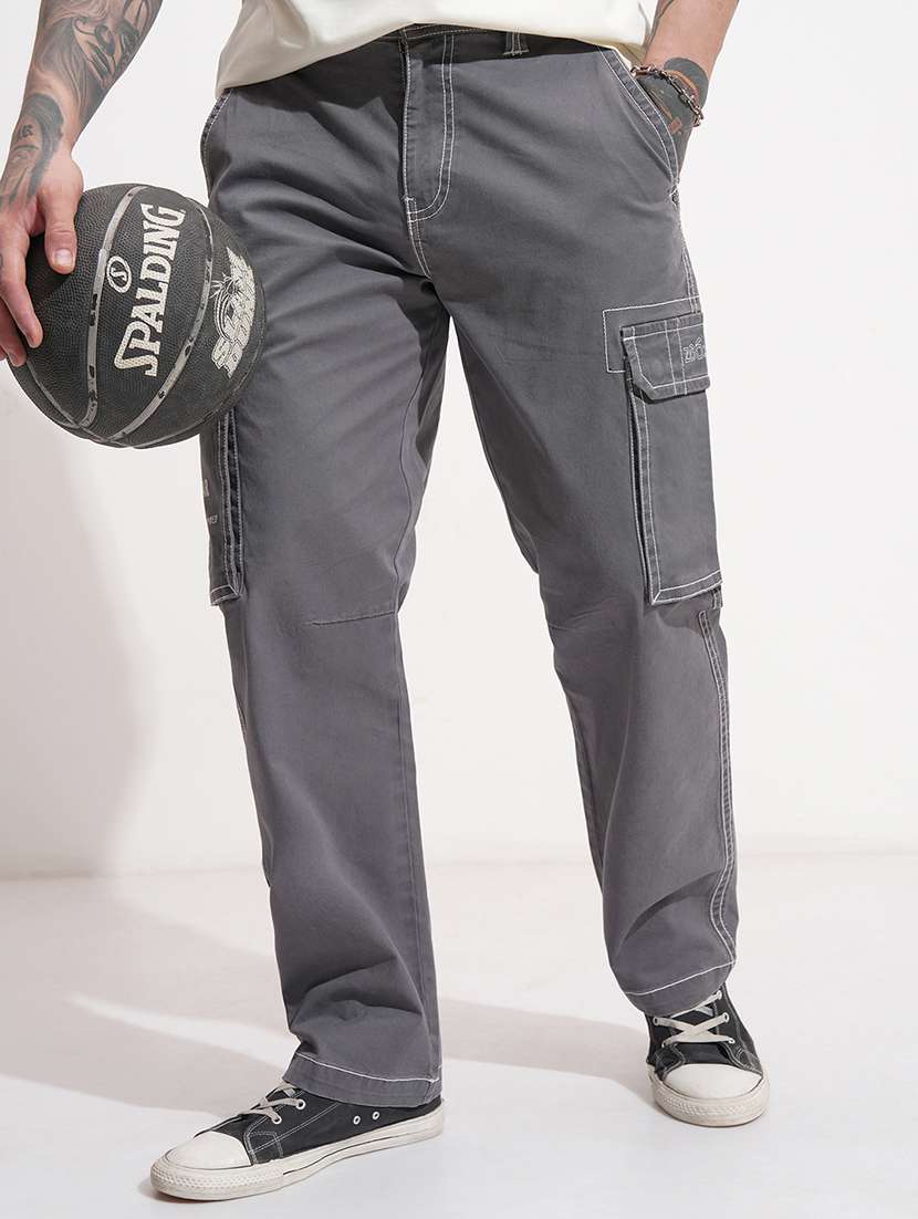 men grey cotton casual trouser