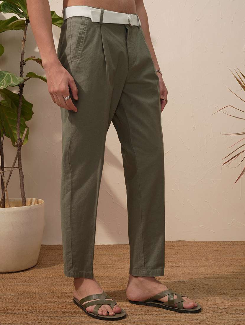 men green cotton pleated casual trouser - 22469526 -  Standard Image - 2