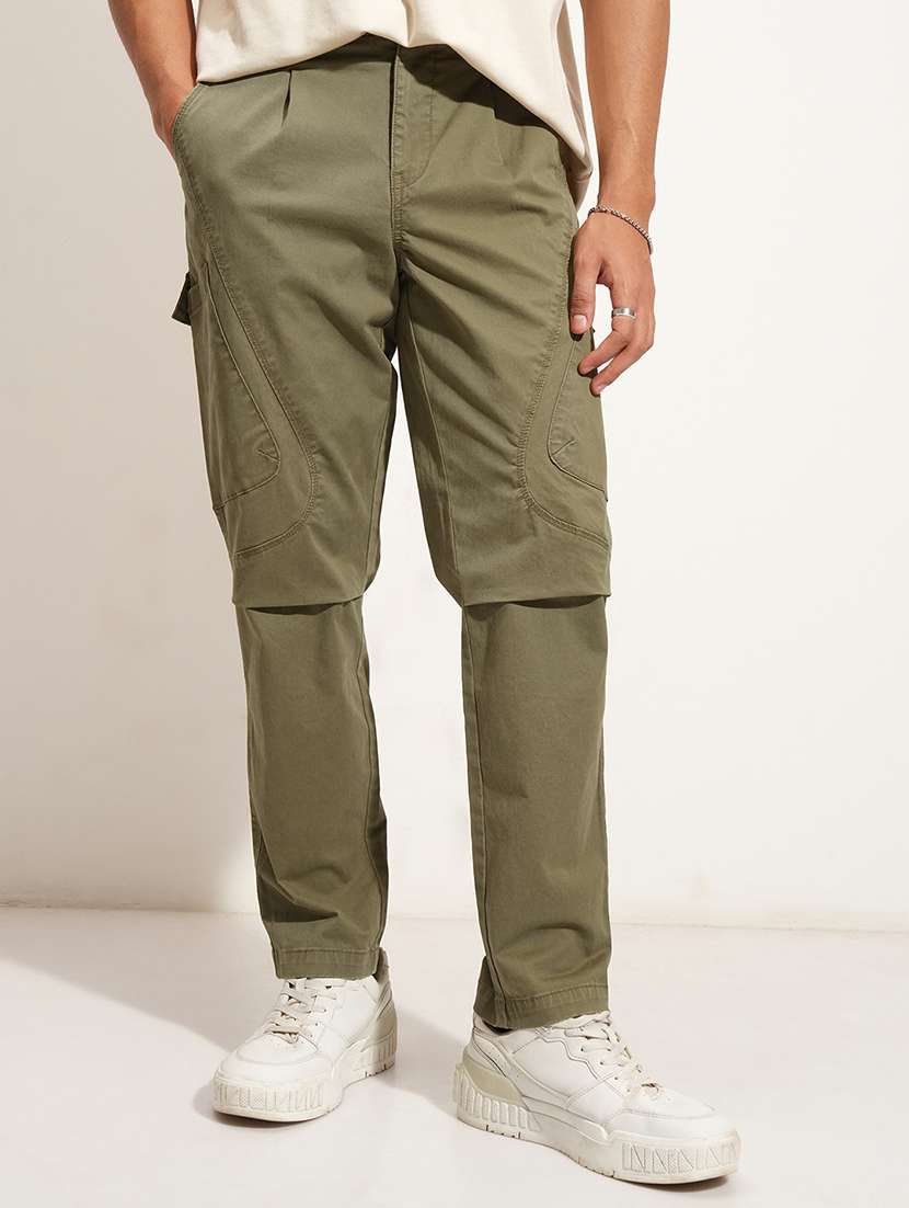 men pleated olive cotton casual trousers