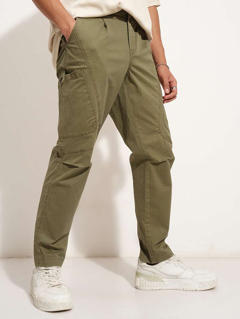 Men Pleated Olive Cotton Casual Trousers - 22469531 -  Standard Image - 2
