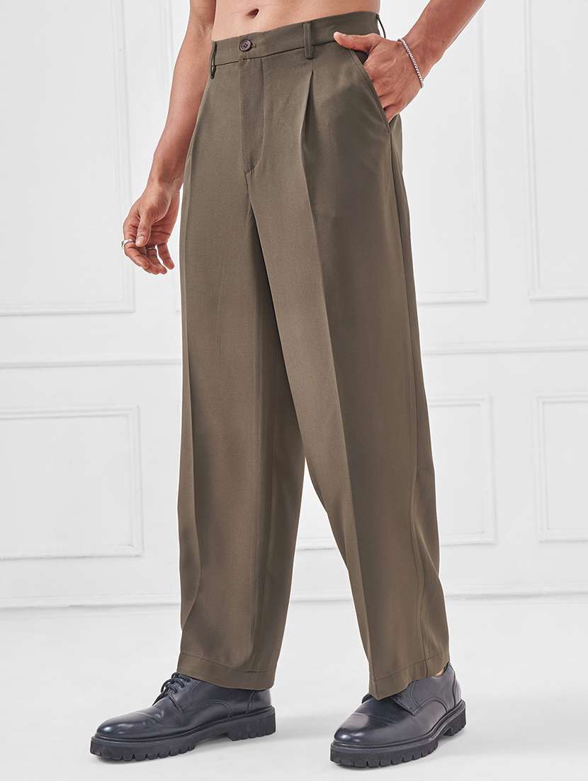 men solid mid rise pleated casual trouser - 22469559 -  Standard Image - 2