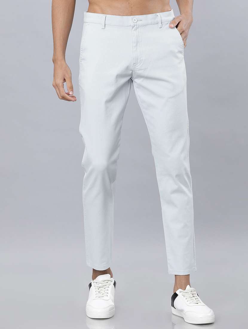men blue cotton solid regular fit chinos