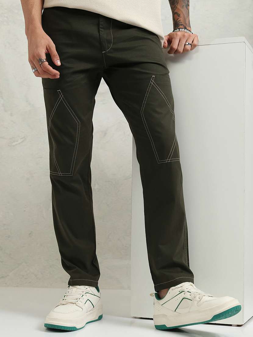 men olive cotton blend regular fit cargo trousers