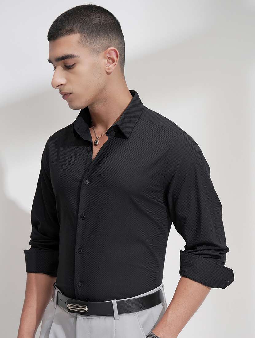 men black self design cotton regular shirt - 22469720 -  Standard Image - 2
